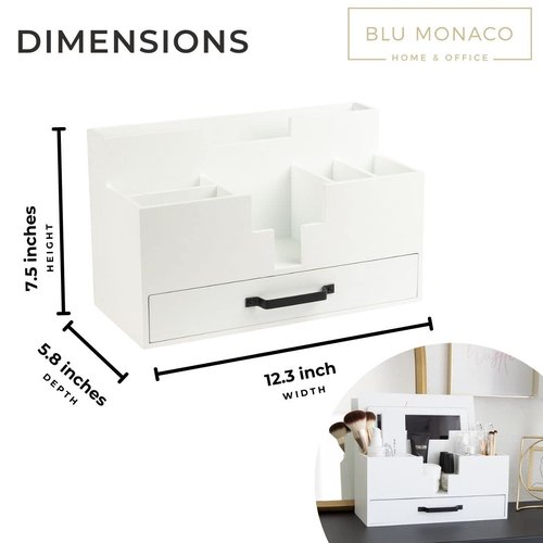 BLU MONACO White Wood Desk Organizer with Drawer – Home Office Accessories for Women – Compact Desktop Storage Solution