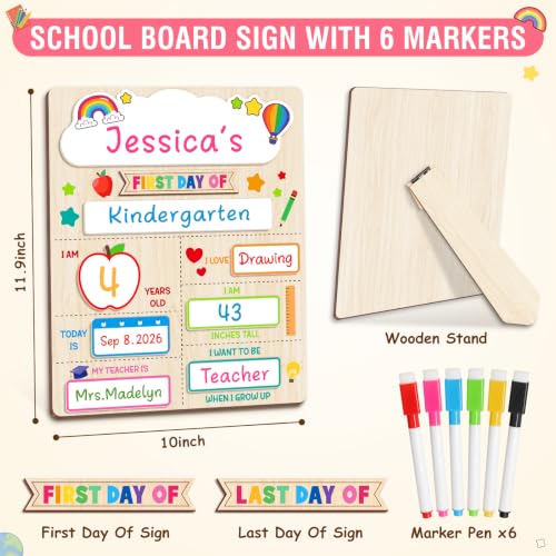 First Day of School Sign Board with 6 Markers - Reusable Wooden Chalkboard for Kids, Kindergarten & Preschool