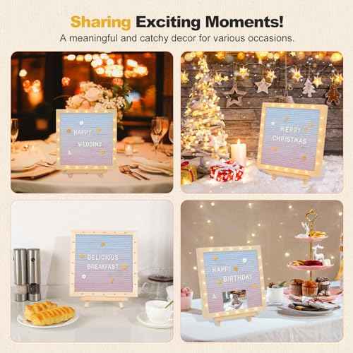 Lewondr Felt Letter Board, 10"¡¿10" Wooden Letter Board Sign, Changeable Message Board with 20 LED Lights & 340 Letters, Pregnancy Baby Announcement Sign, First School Day Board, Colorful