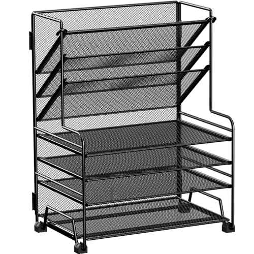 4-Tier Paper Organizer + 3-Pocket File Holder + Drawer + Pen Holders, Desktop File Organizers Paper Tray for Office Supplies School Classroom Organization (Black, No Drawer & Pen Holder)