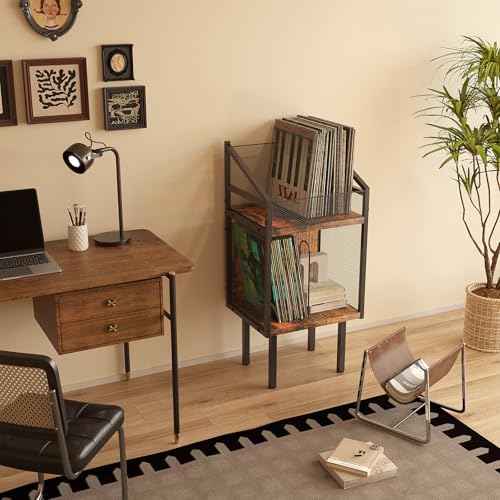 Vinyl Record Storage Cabinet, Retro Record Display Rack, Holds 120+ Records, Multi-Functional Organizer for Albums, Books, Magazines & Files