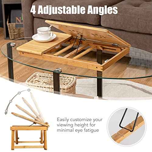 Tangkula 100% Bamboo Laptop Desk with Tilting Top & Drawer, Height Adjustable Portable Breakfast Serving Bed Tray with Heat-Dissipation Holes, Folding Bed Table for Surfing Reading Writing Eating