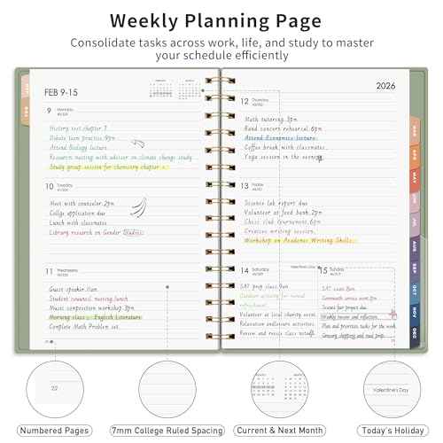 RETTACY 2026 Planner, Weekly and Monthly, Medium Size (5.7" x 8.3"), 2026 Calendar, Jan 2026 - Dec 2026, 12-Month Tabs, Flexible Plastic Cover, 100 GSM Thick Paper, Spiral-bound (Light Green)