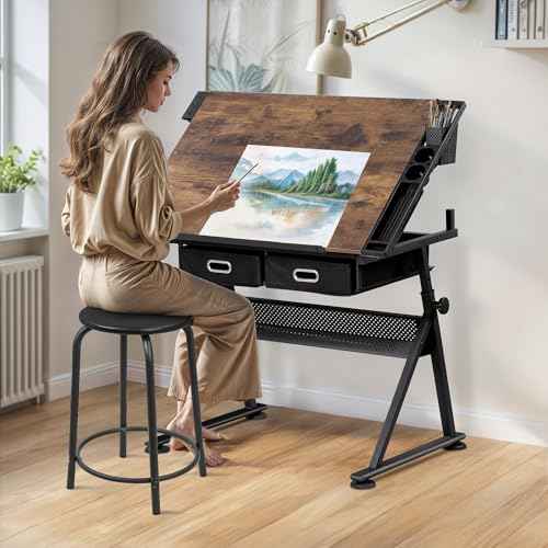 SUPER DEAL Drafting Table Set with Charging Station, Height Adjustable Tilting Drawing Desk Artist Desk with Stool Multifunctional Art Craft Workstation with 2 Storage Drawers for Home Office School