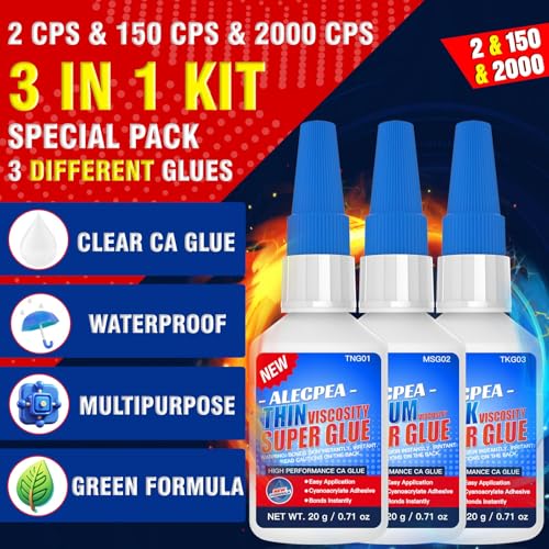 Alecpea 60g CA Glue Kit - Thin 2cP, Medium 150cP & Thick 2000cP (Clear) 3-Pack