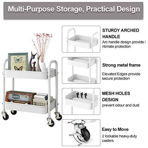 2 Tier All-Metal Rolling Cart, Rolling Storage Cart with Handle and Locking Wheels Kitchen Cart Laundry Office Bathroom Storage Organizer Cart, White