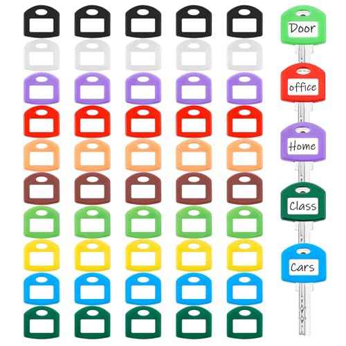 Blulu 50 Pieces Colored Key Covers Tag 1 Inch Cute Key Covers Protectors with Self Adhesive Stickers for House Classification Organization(Classic Color,Square)