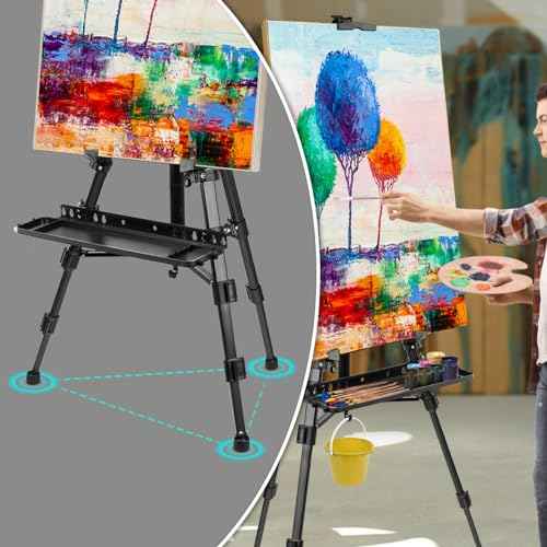 Art Easel Aluminum Alloy Portable Extendable Easel with Hand Crank Adjustable to 61.8 '' Drawing Board Holder, Compass, Level and Storage Bag -for Artists, Painters, Sketching, Outdoor Painting