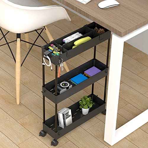 SPACELEAD Slim Storage Cart 3 Tier,Bathroom Organizer Rolling Utility,Mobile Shelving Unit Slide Out for Office, Kitchen, Laundry Room & Narrow Places,Black