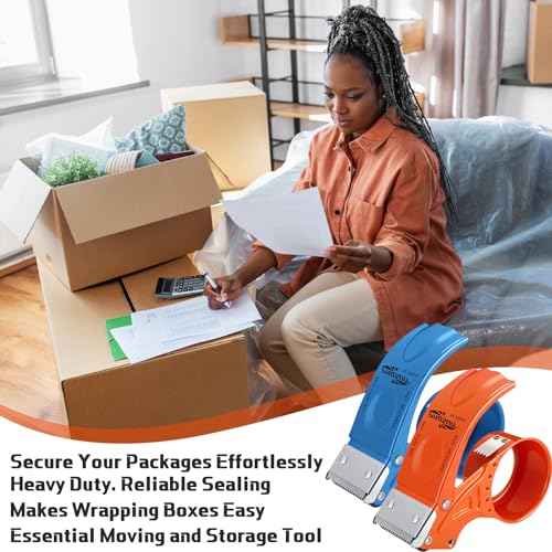12 Pcs 2 Inch Packing Tape Dispenser Gun Heavy Duty Metal Tape Gun for Packing Boxes Wide Tape Gun for Handheld Sealing Cutter Warehouse Tools, White, Orange, Blue