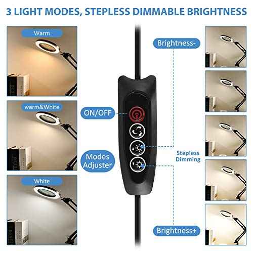LANCOSC 5X Magnifying Glass with Light and Stand, 3 Color Modes Stepless Dimmable, 8-Diopter Glass Lens, Adjustable Swivel Arm, LED Magnifier Desk Lamp for Close Work, Repair, Crafts, Reading - Black