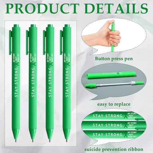 Cholemy 500 Pcs Suicide Prevention Awareness Ballpoint Pens Mental Health Awareness Items Green Ribbon Retractable Pens Bulk Black Ink for School Charity Office Therapist