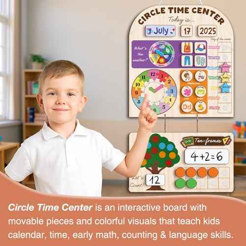 Interactive Calendar for Kids Ages 3-8, Circle Time Learning Center, Wooden Kids Calendar, Teaching Seasons, Years, Months, Days of Week, Language Skills, Preschool & Homeschool Calendars