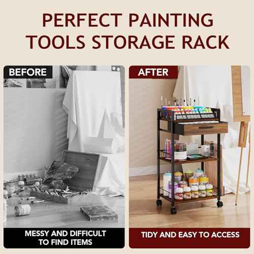 3 Tier Rolling Cart - Metal Utility Cart with Storage Drawer and Wheels, Versatile Art & Craft Organizer for Home, Office, or Studio Ideal for Storing Brushes, Paints, and Supplies Brown