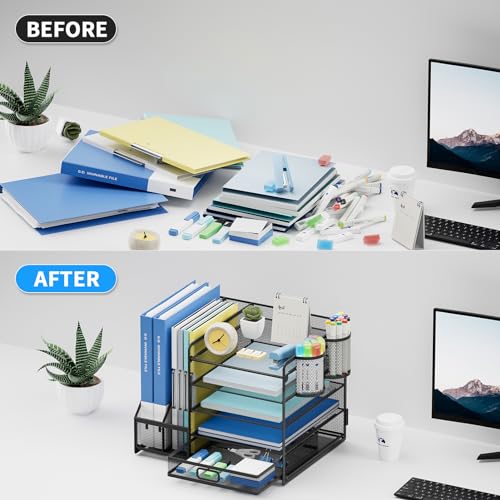 Lavatino Desk Organizer with File Holder, 5-Tier Paper Letter Tray Organizer with Sliding Drawer and 2 Pen Holder, Mesh Desktop File Organizer for Office Supplies (Black)