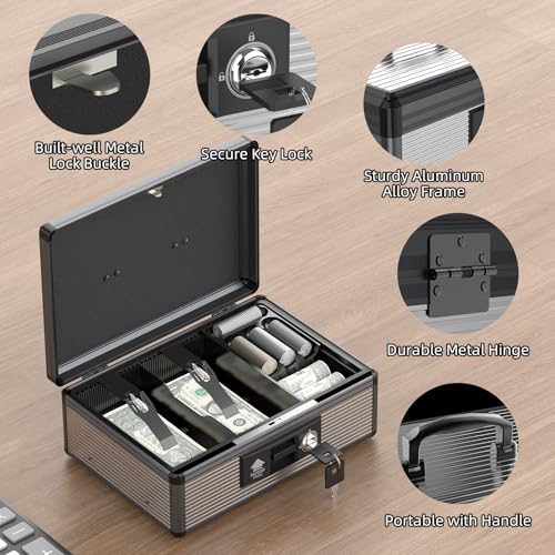 Locking Cash Box with Money Tray and Key, Secure Money Safe Box for Cash, Portable Money Box with Bottom Storage Spaces, Money Saving Organizer (Black, Large)