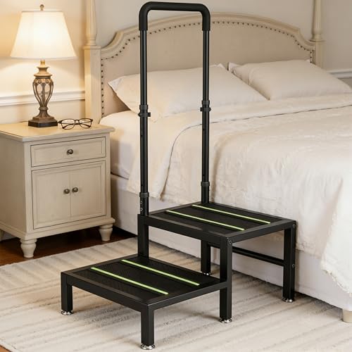 Josmimic 2 Step Stool with Handle - Heavy Duty Non-Slip Bedside Stool (Black, Adjustable Handrail)