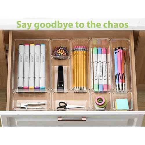 12 Piece Clear Drawer Organizer Set, 3 Sizes Bathroom Vanity Organizer Trays and Storage Bins for Makeup, Cosmetics, Jewelry, and Gadgets. Perfect for Office, Kitchen, Bedroom, Bathroom Use.