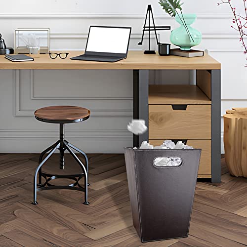 Leather Trash Can Bathroom Wastebasket, 16L/4.2 Gallon Office Garbage Can with Handles for Near Desk, Square Bedroom Waste Basket Bin for Home Dorm Decorative Brown