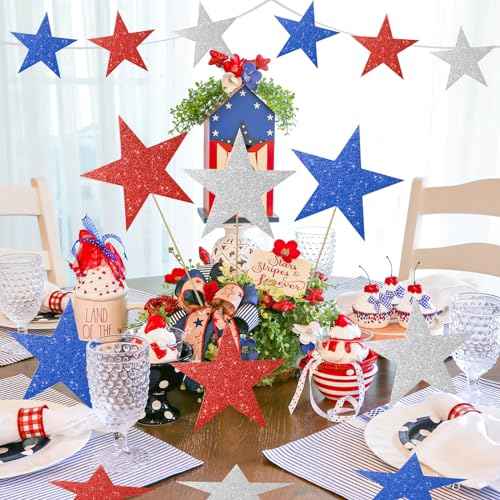 60 Pcs Patriotic Star Cutouts Double Printed Paper Star Confetti Cutouts for 4th of July Decoration Bulletin Board Classroom Wall Decoration,6 Inches (Red, Blue, Silver)