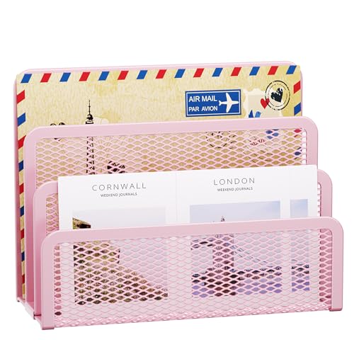 Pink Desk Mail Organizer with 3 Mesh Slots - Office Letter & Document Holder