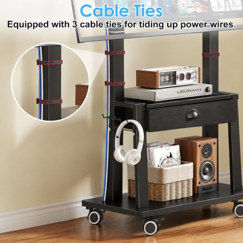 Aokitsink Mobile TV Stand with Drawer for 23-60 Inch TVs, Tilt Rolling Cart, 2 Shelves, Height Adjustable, 50 lb Capacity, VESA 400x400mm – Black