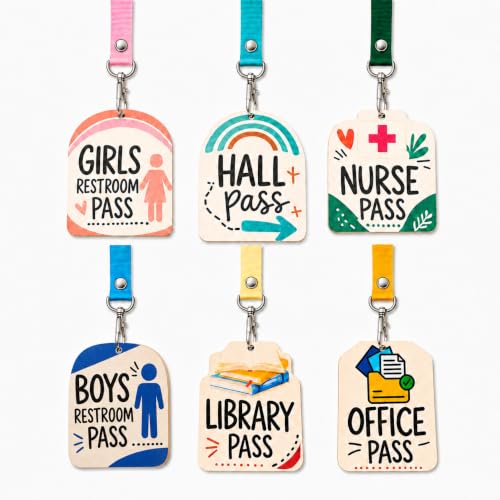 Macaron Colors 6-Pack Wooden School Hall Pass Lanyards with Passes - Pastel Classroom ID Set