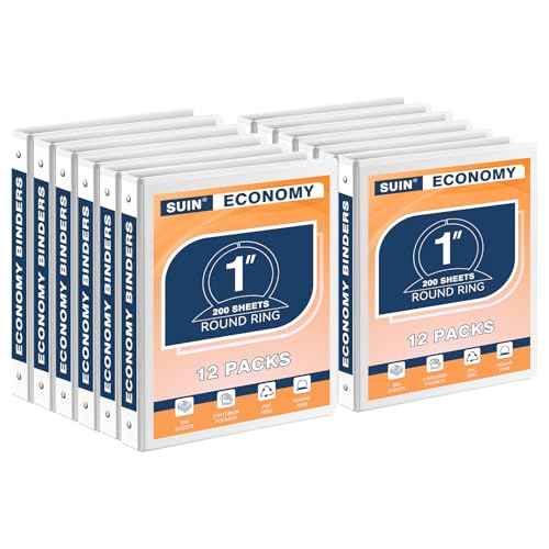 SUIN Economy 1-Inch 3-Ring-Binder, Customizable Clear View Cover, for US Letter Size 8-1/2 x 11'', Perfect for Office/School (White - 12 Packs)