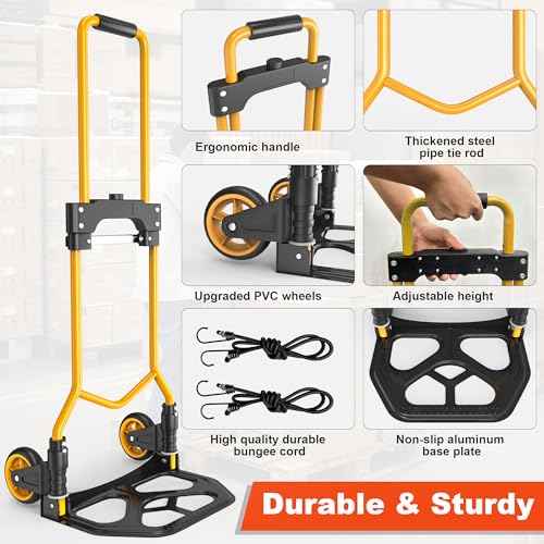 Folding Hand Truck Dolly Cart, 180LBS Portable Aluminum Hand Truck Foldable with Telescoping Handle and Elastic Cord for Luggage, Boxes, Functionality Foldable Dolly for Home, Moving, Black Yellow