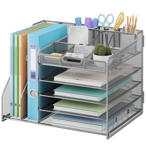 Lavatino 5-Tier Metal Mesh Desk Organizer with 2 File Holders & 7 Customizable Compartments | Paper Letter Tray for Office or Home Desk Storage | Keep Workspace Supplies Neat & Organized, Silver