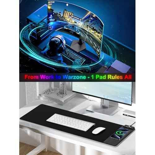 Mouse Pad with Wireless Charging, Large Desk Mat RGB Gaming Mousepad, 10 Light Colors LED Gaming Pad Keyboard Pad with Ultra-Smooth Surface & Non-Slip Rubber Base, Waterproof Full Desk Mouse Pad