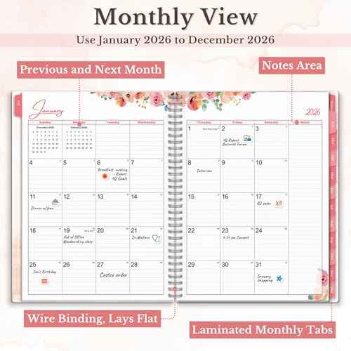 CRANBURY Large Planner 2026, 8.5x11 Weekly Monthly Calendar Agenda, Jan to Dec 2026 Daily Organizer, Floral Theme, Spiral Bound Planner with Tabs, Bookmark, Stickers, Lays Flat