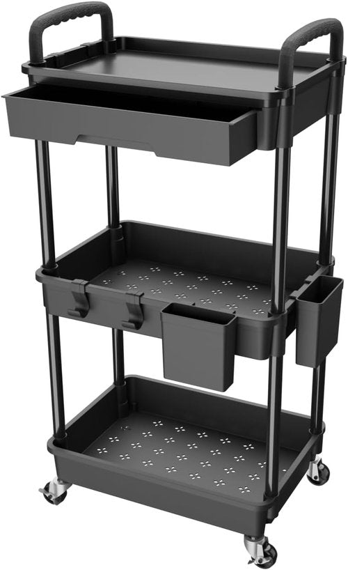 Rebecat 3-Tier Rolling Utility Cart - Multifunctional Storage Organizer for Kitchen, Bathroom & Office | Black