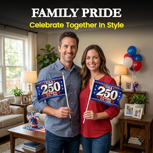 250th Anniversary USA Map Mini Flags 12 Pack Royal Blue & Red 5x8in - Hand Held Parade Flags
