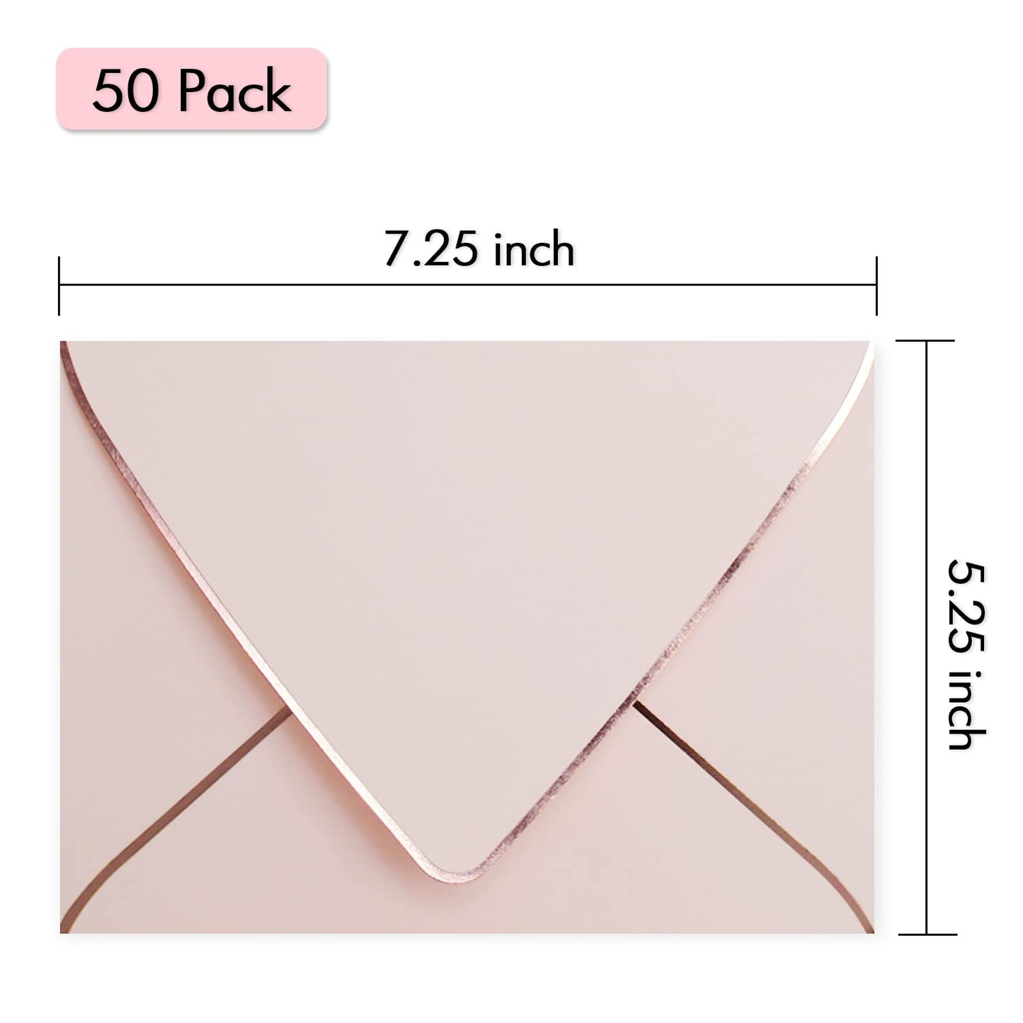 A7 Pink Envelopes 50 Pack With Rose Gold Border Christmas Envelopes Quick Self Seal, For 5x7 Cards| Perfect for Weddings, Invitations, Photos, Graduation, Baby Shower (Pink-rose golden border)