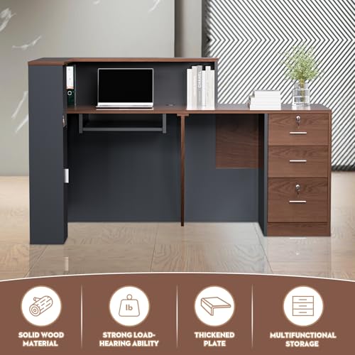 Drexo L-Shaped Wooden Reception Desk - Brown & Black, 71"L x 42"W x 41"H, Left