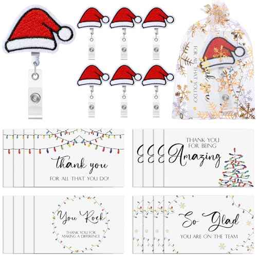 Cholemy 90 Pcs Employee Appreciation Gifts for Teachers Include Santa Hat Badge Reel Christmas Badge Holder Encouragement Cards and Organza Bag Xmas Team Gifts for Nurse Coworker