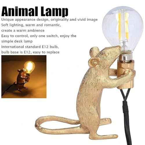 LED Resin Animal Rat Desk Modern Cute Art Children's Bedside Gift Table Lamp Simple Operation Lifelike Image Modern Small Mini Mouse Figure Night Light (Gold)