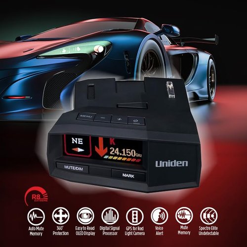 Uniden R8W (New Model) Extreme Long Range Laser/Radar Detector, 360° Awareness, Directional Arrows, Wi-Fi, Bluetooth, GPS, Real-Time Voice Alerts, Red Light & Speed Camera Alerts, R/TACH App