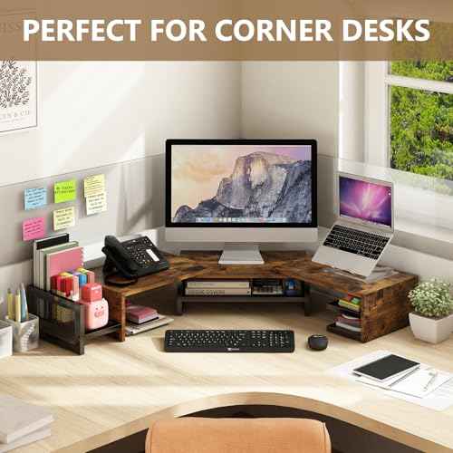 Wisdom Star Dual Monitor Stand with Drawer, Desk Organizers and Accessories, Adjustable Length & Swivel Angle, 2-Tier Computer Monitor Stand for Computer, Laptop, PC, Brown