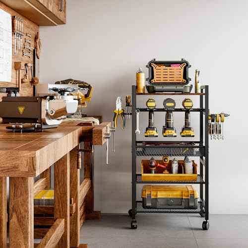 Power Tool Organizer Cart with 4 Wheels,Heavy Duty Utility Rack whth 6 Hooks,Floor Standing Rolling Tool Cart,Black