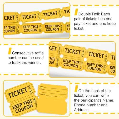 ESSENTIAL 500 Raffle Tickets Double Roll, Yellow Raffle Tickets Roll with Name and Phone Number, for Raffle, Events, Classroom, Entry, Class Reward & Door Prize (Yellow)