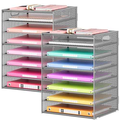 Lavatino 2 Pack 8-Tier Office Desk File Organizer, Letter Tray Paper Organizer with Handle, Including 5 Adjustable Slide Trays for Organizing Desk Workspace Accessories and Supplies (Silver Mesh)