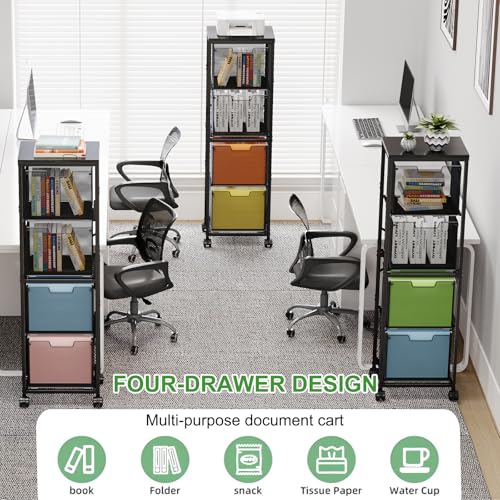 4 Drawers File Cabinet, Vertical Filing Cabinets, Rolling File Cart, Hanging File Folder Organizer with Wheels, Mobile Printer Stand Utility Craft Cart for Home Office,Black
