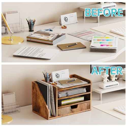 Wood Desk File Organizer with Side File Rack, Space-Efficient Design Easy to Assemble for Efficient Office Setup, Reduces Desk Clutter (Brown)