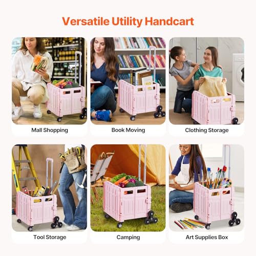 VEVOR Foldable Utility Cart, 65L Collapsible Portable Crate Rolling Cart with Stair Climbing Wheels & 360¡Æ Swivel Wheels, Hand Cart with Telescoping Handle for Shopping Office Moving Teacher, Pink