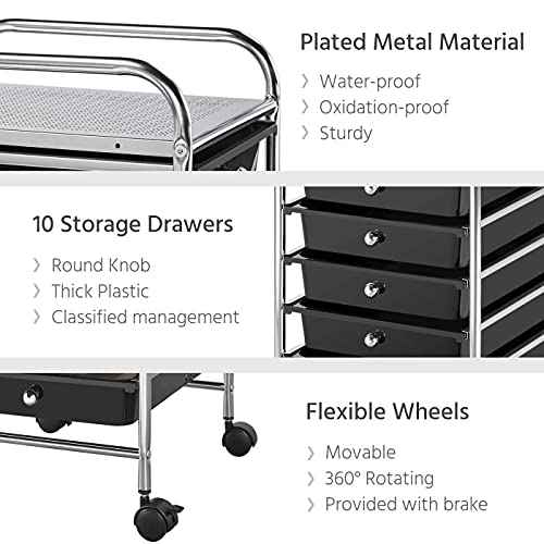Yaheetech Rolling Cart Organizer Plastic Trolley with 10 Storage Drawers Utility Cart on Wheels Art Craft Organizer Ample Storage Space, Black