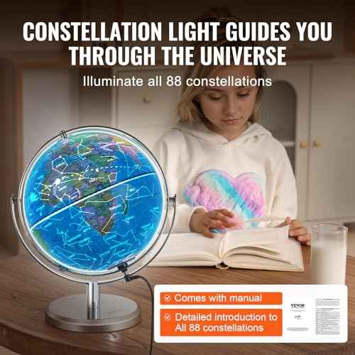 VEVOR Illuminated World Globe with Stand, 9 in/228.6 mm, Educational Earth Globe with Stable Heavy Metal Base and LED Constellation Night Light HD Printed Map, Spinning for Kids Classroom Learning