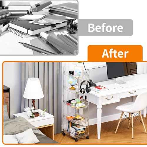 Yieach Clear 4 Tier Rolling Utility Cart with Wheels,Modern Bedside Cart for Baby Essentials,Nursery,Diaper Caddy,Baby Supplies,Rolling Storage Cart for Living Room,Bathroom,Kitchen,Book