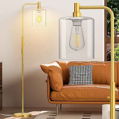 Stepless Dimmable Floor Lamps with Glass Lampshade Modern Standing Lamps with 6W LED Bulb Bright Corner Lamp Tall Pole Lamps for Living Room Bedroom Office Study Room Farmhouse, Gold
